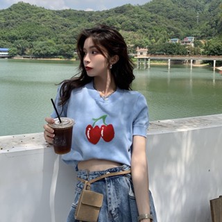 1060#เสื้อยืดแขนสั้น แบบบาง สีฟ้า แฟชั่นฤดูร้อน สําหรับผู้หญิง