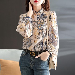 เสื้อเชิ้ตแขนยาว คอปก พิมพ์ลาย แต่งหัวเข็มขัด แบบดั้งเดิม แฟชั่นเรโทร สําหรับผู้หญิง