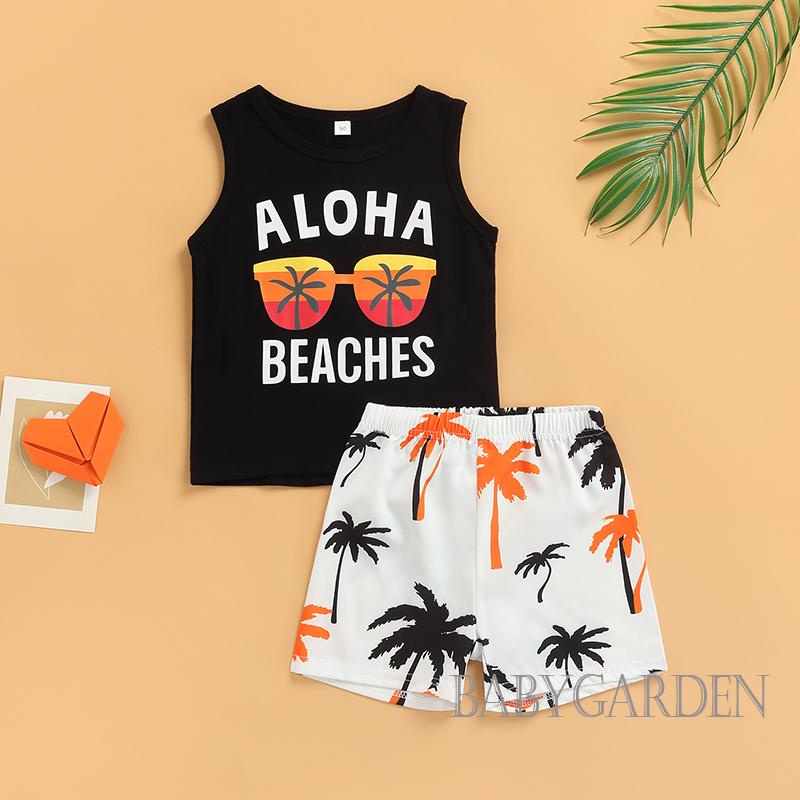 Babygarden-1-5 ปี ชุดเสื้อผ้าเด็กผู้ชาย แว่นตาตัวอักษร เสื้อแขนกุด + กางเกงขาสั้น เอวสูง พิมพ์ลายต้นไม้