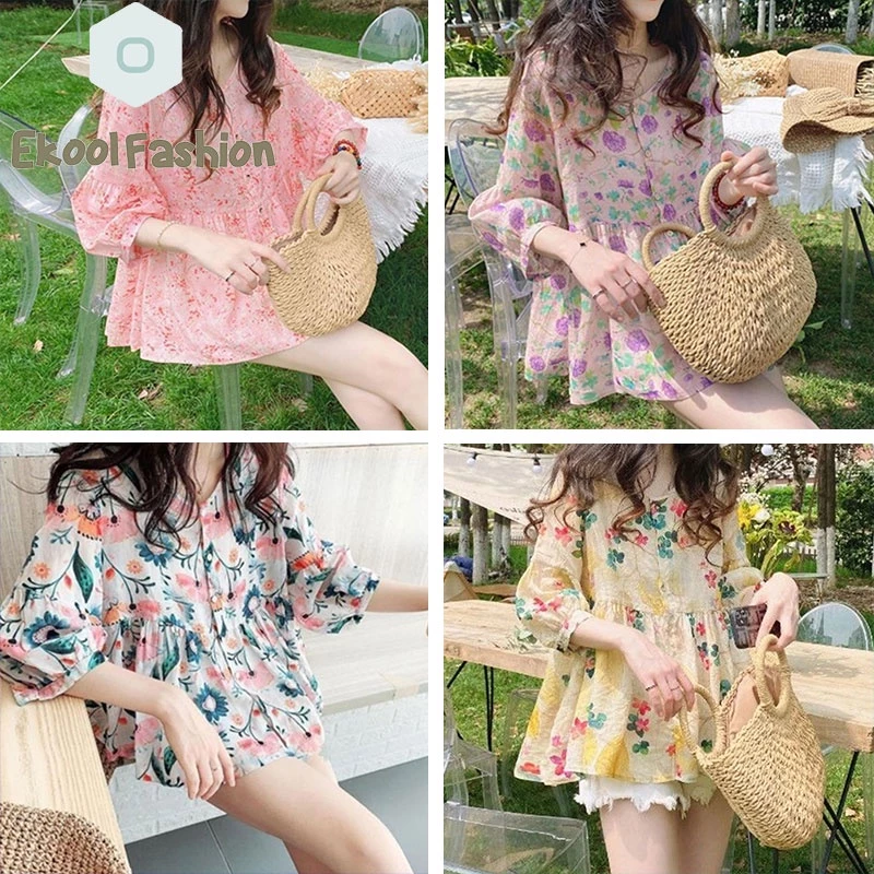 เสื้อเชิ้ตผู้หญิง ลายดอกไม้ แขนตุ๊กตา เสื้อครอปแขนสั้น