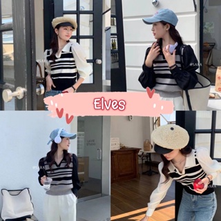 Elves✨พร้อมส่ง✨ เสื้อไหมพรมแขนยาว ดีเทลลายทาง แขนผ้าชีฟองน่ารัก ~1688~