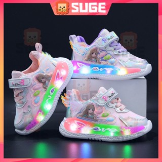 【Suge】รองเท้าผ้าใบเรืองแสง สไตล์เจ้าหญิง มีไฟ LED สําหรับเด็กผู้หญิง