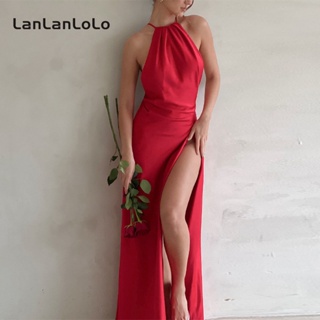 Lanlanlolo ชุดเดรส สายคล้องคอ เซ็กซี่ สีพื้น แฟชั่นสําหรับผู้หญิง 2023