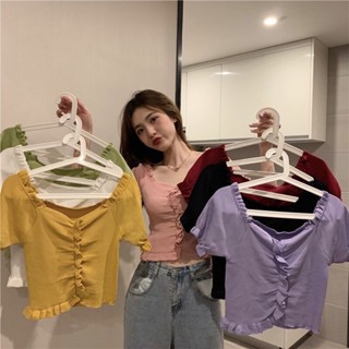 🍓 เสื้อไหมพรม แขนสั้น ดีเทลขอบระบาย น่ารักสุดๆ สีสันหวานสดใส สินค้าพร้อมส่ง ( 3478New )