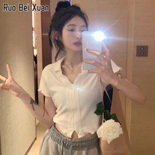 RUO BEI XAUN เสื้อยืดสตรีสไตล์เกาหลีฤดูร้อนใหม่แฟชั่นสีทึบสั้นด้านบน