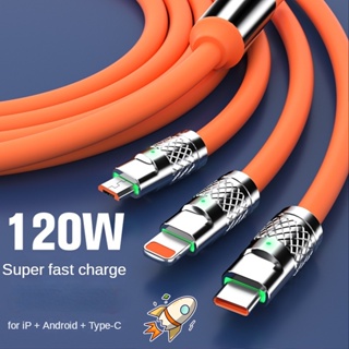 3 In 1 สายเคเบิลชาร์จเร็ว 120W 6A Type C พอร์ตซิลิโคน และโลหะผสมสังกะสี