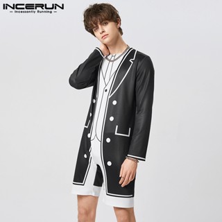 INCERUN Mens fashionable black and white contrast printed long-sleeved jumpsuit