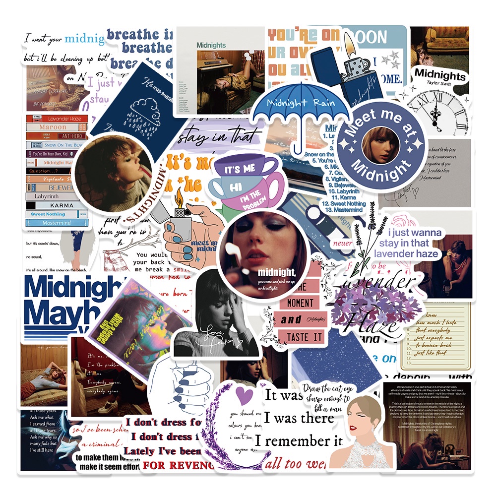 สติ๊กเกอร์ 50pcs Pack Taylor Alison Swift Midnights กันน้ํา PVC กระเป๋าเดินทางสเก็ตบอร์ดกีตาร์เครื่อ