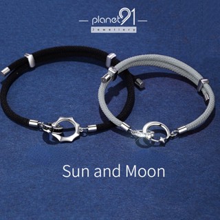 [Planet91] สร้อยข้อมือสเตนเลส เงิน S925 กันน้ํา ลายดวงจันทร์ และดาว ปรับได้ แฟชั่น สําหรับคู่รัก