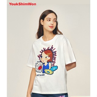 Youk SHIM WON/LU XINYUANS ใหม่ เสื้อยืดลําลอง ผ้าฝ้าย แขนสั้น พิมพ์ลายการ์ตูน ทรงหลวม