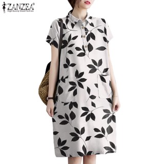 ZANZEA Women Korean Commuting Daily Casual Leaf Print Loose Shirtdresses