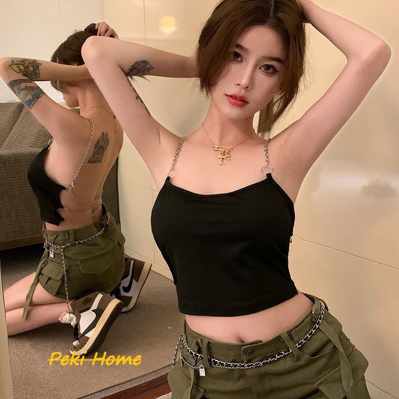 เสื้ีอยืดสายเดี่ยวสีดำทึบเเฟชั่นใหม่สไตล์เซ็กซี่