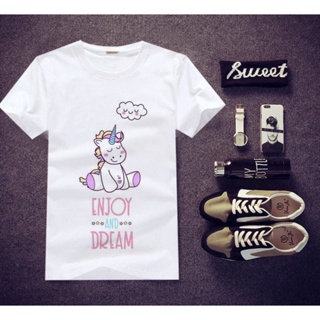 เสื้อเชิ้ตแขนสั้น เสื้อยืดผ้าหนา เสื้อยืดไม่ต้องรีด เสื้อยืดสกรีนลาย Unicorn ใส่สบายๆ ไม่ยืด ไม่ย้วย