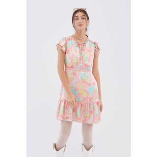 EP เดรสพิมพ์ลายดอกไม้ ผู้หญิง สีชมพู | Floral Abstract Print Short Dress | 4548