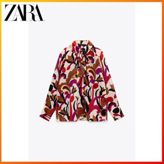 Zara เสื้อเชิ้ต พิมพ์ลายดอกไม้ ประดับโบว์ สไตล์ใหม่ ฤดูใบไม้ร่วง ฤดูหนาว สําหรับผู้หญิง 8890301 330