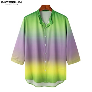 Incerun เสื้อเชิ้ตลําลอง แขนสามส่วน ไล่ระดับ