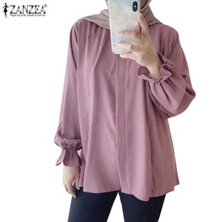 ZANZEA Women Muslim Daily Full Cuffs Elastic Ruffled Party Shirts