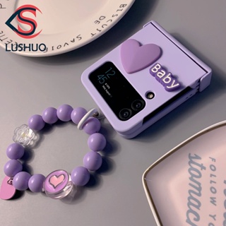 Lushuo เคสโทรศัพท์มือถือ ปิดด้านหลัง ลายหัวใจน่ารัก สีม่วง พร้อมสร้อยข้อมือ สําหรับ Samsung Galaxy Z Flip 3 5G and Z Flip 4 3 in 1 Z Flip3 ZFlip3 ZFlip 3 Z Flip4 ZFlip 4