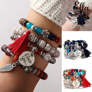 Ellastore123 สร้อยข้อมือ ประดับลูกปัด พู่โซ่ สไตล์โบฮีเมียนวินเทจ สําหรับผู้หญิง 4 ชิ้น ต่อชุด