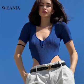 Weania ชุดบอดี้สูท คอวี แขนสั้น เอวต่ํา สีพื้น แฟชั่นสําหรับผู้หญิง