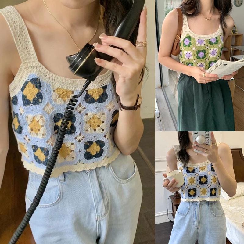 mimi&didi แฟชั่นสตรีเสื้อกล้ามถัก เสื้อถักสั้นทรงกร้าม ลายดอกไม้น่ารักมี2สี ใส่ไปเที่ยวสวยมากกกก C563
