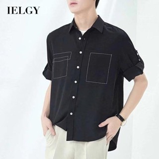 IELGY เสื้อเชิ้ตแขนครึ่งลําลอง ทรงหลวม สีดํา สไตล์ญี่ปุ่น สําหรับผู้ชาย