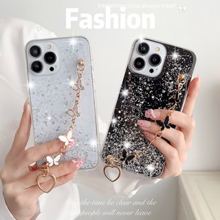 เคสโทรศัพท์มือถือ ลายผีเสื้อ ประดับกลิตเตอร์ พร้อมสายคล้องมือ สําหรับ Samsung S23 S22 Plus S22 Ultra A13 A14 A04 A04s 5G