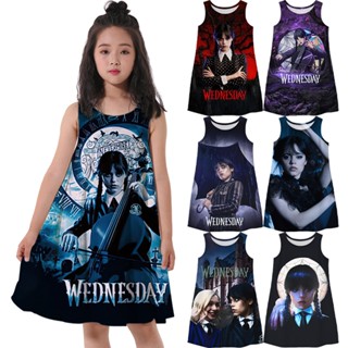 Wednesday Addams Costume Dress Kids ชุดเดรสคอสเพลย์ เสื้อยืด สําหรับเด็กผู้หญิง อายุ 3-13 ปี