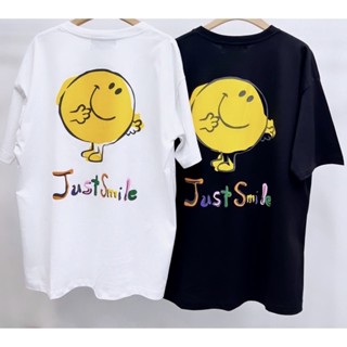 เสื้อยืดพิมพ์ลายแฟชั่น 【Hot】Just Smile 😊 มี 2 สี ขาว/ดำ เสื้อยืดสไตล์เกาหลี ทรงโอเวอร์ไซส์ ป้าย call me again by TOWEAR