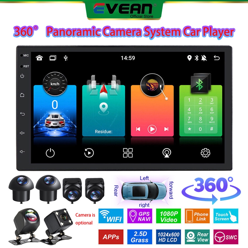 Evean [4G+32G 8Core IPS] วิทยุรถยนต์ Android12 7 นิ้ว พร้อม 360° ระบบกล้องพาโนรามา รองรับ Waze/GPS WIFI BT 2 Din เครื่องเล่นมัลติมีเดีย MP5 และกล้อง