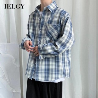 IELGY เสื้อเชิ้ตแขนยาว ลายสก๊อต ทรงหลวม สไตล์ฮ่องกง อินเทรนด์ สําหรับผู้ชาย