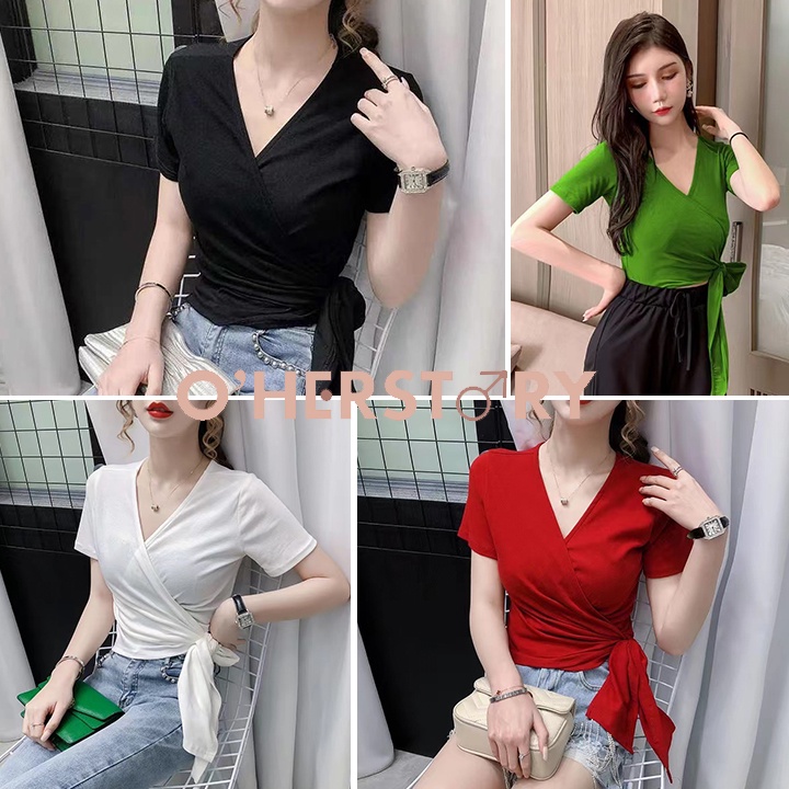 เสื้อครอปโชว์เเผ่นหลังสวยๆเซ็กซี่ ครอปแขนสั้น คอวี มีโบว์ผูกก๋ๆ ใส่เที่ยว ใส่ถ่ายรูปแซ่บๆ
