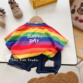 เสื้อยืดแขนสั้น ผ้าฝ้าย ลายทาง สีรุ้ง สไตล์เกาหลี แฟชั่นฤดูร้อน สําหรับเด็กผู้ชาย และเด็กผู้หญิง 2023
