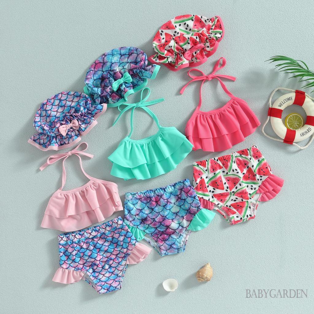 Babygarden- ชุดบิกินี่ ฤดูร้อน สําหรับเด็กผู้หญิง เสื้อแขวนคอ + กางเกงขาสั้น ระบายชั้น + หมวก ชุดว่ายน้ํา