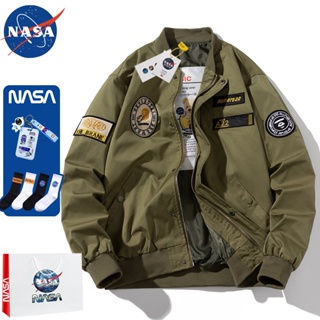 เสื้อแจ็กเก็ตเบสบอล ผ้าฝ้าย แบบหนา ทรงหลวม ลาย Nasa แฟชั่นฤดูใบไม้ร่วง และฤดูหนาว สไตล์อเมริกันเรโทร สําหรับผู้ชาย และผู้หญิง