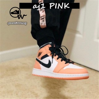 Qu230316 Air Jordan 1 Aj1 Mid Pink Joe Black Logo Fashion Women Shoes Cute Lady Sneakers Pink Basketball Shoes Fashion Girl Kasut Merah Jambu Wanita Bergaya Comel