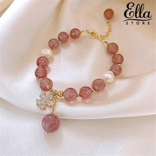 Ellastore123 สร้อยข้อมือ ประดับลูกปัดคริสตัล ไข่มุกเทียม เพทาย สีชมพู เครื่องประดับแฟชั่น สําหรับผู้หญิง