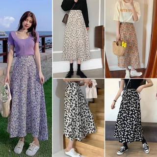 กระโปรงเอวสูงลายดอกไม้ผ้าชีฟอง กระโปรงใส่ทำงาน