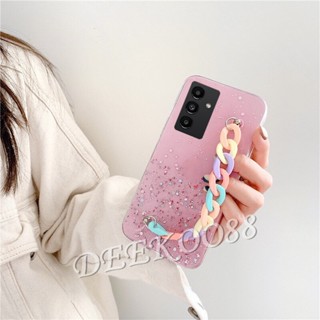 เคสโทรศัพท์มือถือแบบนิ่ม ใส แต่งกลิตเตอร์ สีรุ้ง พร้อมสายโซ่คล้อง สําหรับ Samsung Galaxy A14 A34 A54 A04e LTE 5G 4G A54 A34