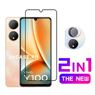 2 in 1 ฟิล์มกระจก Vivo Y100 กระจกนิรภัยเต็มแผ่นกันรอยหน้าจอพร้อมตัวป้องกันกล้อง Y56 Y16 Y35 Y21T Y12s Y01 Y12A Y15s Y15A Y73 Y22 Y22s