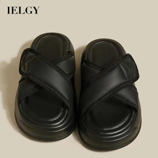 IELGY รองเท้าแตะหนัง พื้นหนา สไตล์ฮาราจูกุ เรียบง่าย ใส่สบาย สีพื้น สําหรับผู้หญิง