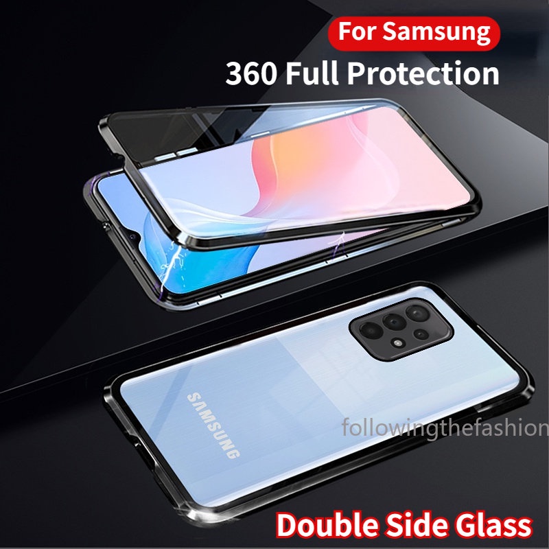 เคสโทรศัพท์มือถือกระจกนิรภัย ฝาพับสองด้าน 360 สําหรับ Samsung Galaxy A32 4G A52 A52s A72 5G A53 A33 A13° ฝาครอบด้านหลัง กันกระแทก แบบเต็มรูปแบบ