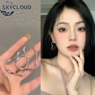 Skycloud ต่างหูห่วงเงิน S925 รูปหัวใจ กลวง ขนาดใหญ่ หรูหรา แวววาว เครื่องประดับแฟชั่น สําหรับผู้หญิง ผับ ปาร์ตี้