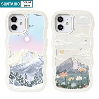 Suntaiho INS Style Fashion Snowy Mountains and Flowers Oil Painting Case TPU Soft Case for iPhone 11 Pro 14 PRO MAX 12 13 Pro XR XS Max 7 Plus 8 Plus Wavy Shape Shockproof