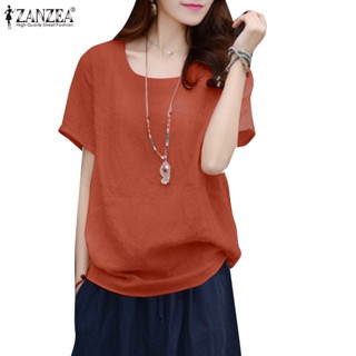 Zanzea เสื้อเบลาส์ คอกลม แขนสั้น สีพื้น สไตล์วินเทจ สําหรับผู้หญิง