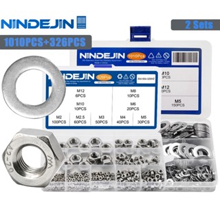 NINDEJIN 326pcs/set M2-M12 Hexagon Nuts Assortment Kit Stainless Steel 1010pcs Flat Washer Set DIN934 &amp; DIN125