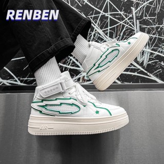 RENBEN รองเท้าผ้าใบผู้ชายส้นสูงสไตล์ฮ่องกงใหม่ ins รองเท้าผู้ชายแบรนด์อินเทรนด์รองเท้ากีฬาผู้ชายพื้นหนา