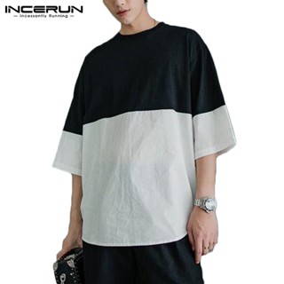 INCERUN Contrast panel round neck 3/4 sleeve top T-shirts