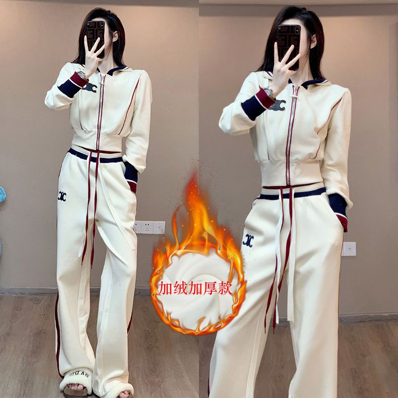 กีฬาลําลองแฟชั่นสินค้ายุโรปเสื้อยืดระดับไฮเอนด์กางเกงขากว้างชุดสูทสองชิ้นผู้หญิง