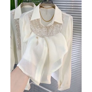 เสื้อเชิ้ตแขนยาว ผ้าชีฟอง ประดับเลื่อม สไตล์ฝรั่งเศส แฟชั่นสําหรับผู้หญิง